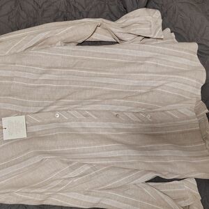 Susan Graver Tan Striped Button Down Shirt Size 3X Long Sleeve Linen Blend